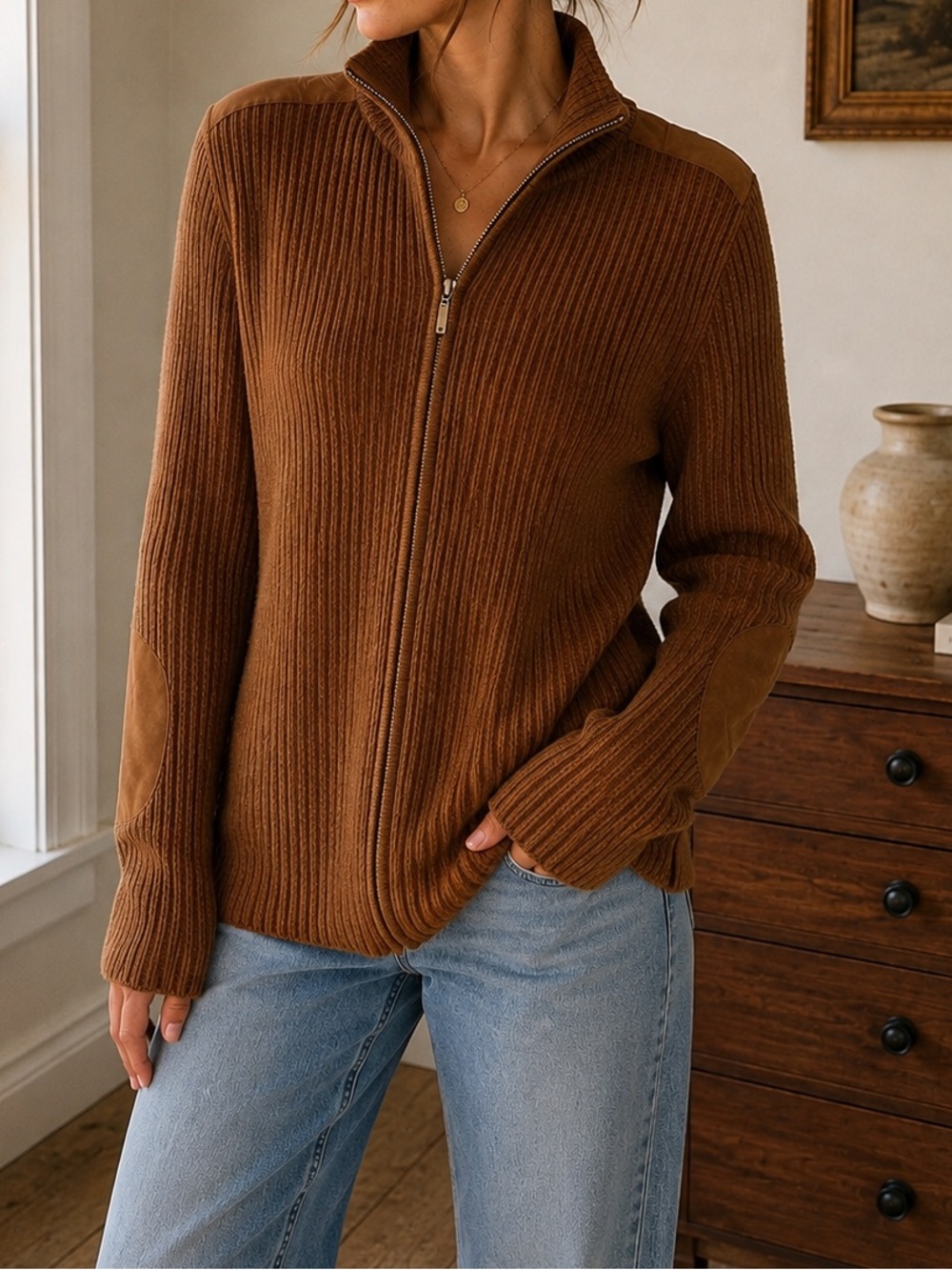Liz Claiborne Passport Vintage Brown Ribbed Zip Cardigan Sweater Large